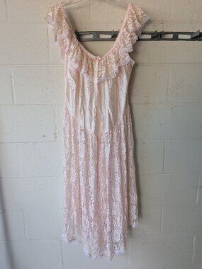 Vintage Nite Images Pink Lace Maxi Nightgown L Made in USA